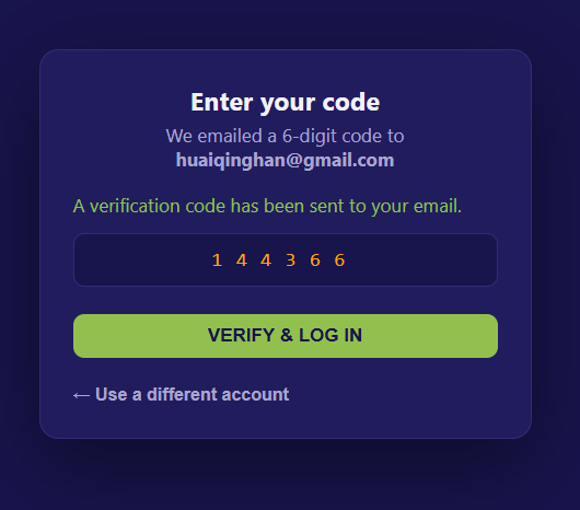 Verification code screen